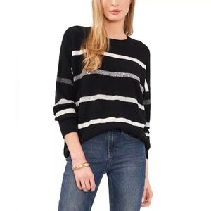 Vince Camuto Women's Cozy Crewneck Sequin-Stripe Long-Sleeve Sweater Black Sz L